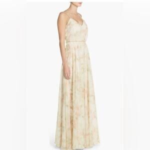 Jenny Yoo Inesse V-Neck Chiffon Gown Muted Floral Print Size 8